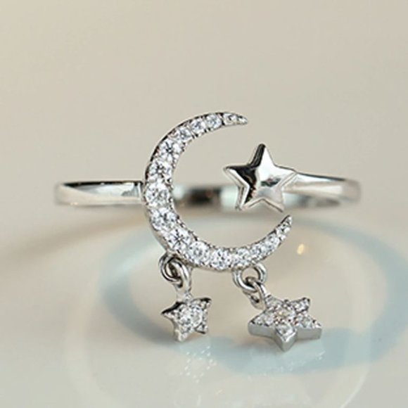 925 Sterling Silver Dangle Moon & Star Ring Minimalist Dainty Celestial … - Picture 5 of 7